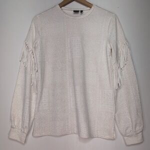 Cruel Denim Womens Small Cream Patchwork Fringe Long Sleeve Western Top